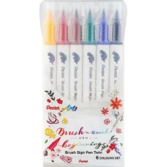 Μαρκαδόροι pentel arts brush sign pen twin σετ 6 χρώματα - Pentel