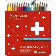 Ξυλομπογιές υδατοδιαλυτές caran d'ache swisscolor μεταλλικό κουτί 18 χρώματα - Caran d'ache