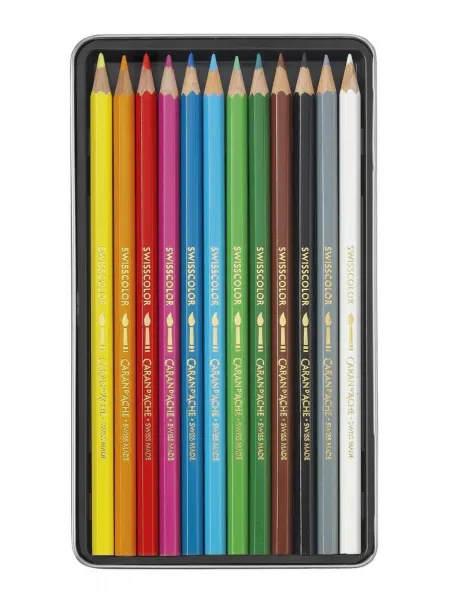 Ξυλομπογιές υδατοδιαλυτές caran d'ache swisscolor μεταλλικό κουτί 12 χρώματα - Caran d'ache