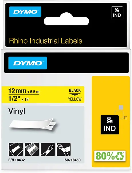 Κασέτα ετικετογράφου dymo rhino d18432 vinyl tape 12mm black on yellow - Dymo