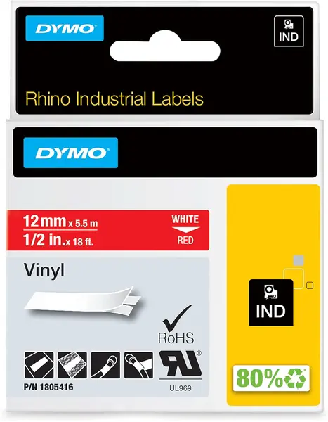 Κασέτα ετικετογράφου dymo rhino 1805416 vinyl tape 12mm white on red - Dymo