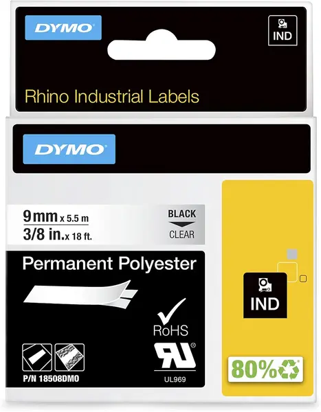 Κασέτα ετικετογράφου dymo rhino 9mmx5.5m d18508 permanent polyester black on clear - Dymo