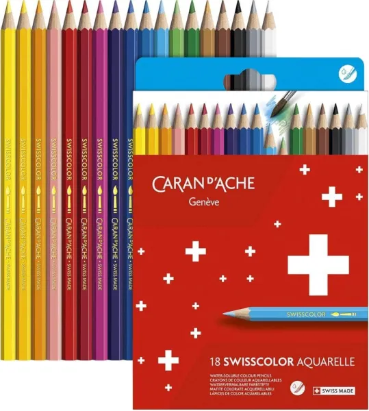 Ξυλομπογιές ακουαρέλας caran d'ache swisscolor aquarelle χάρτινο 18 χρώματα φ2.8mm - Caran d'ache