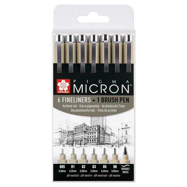Μαρκαδόροι σχεδιάσεως sakura pigma micron σετ 6 fineliners +1 brush pen - Sakura