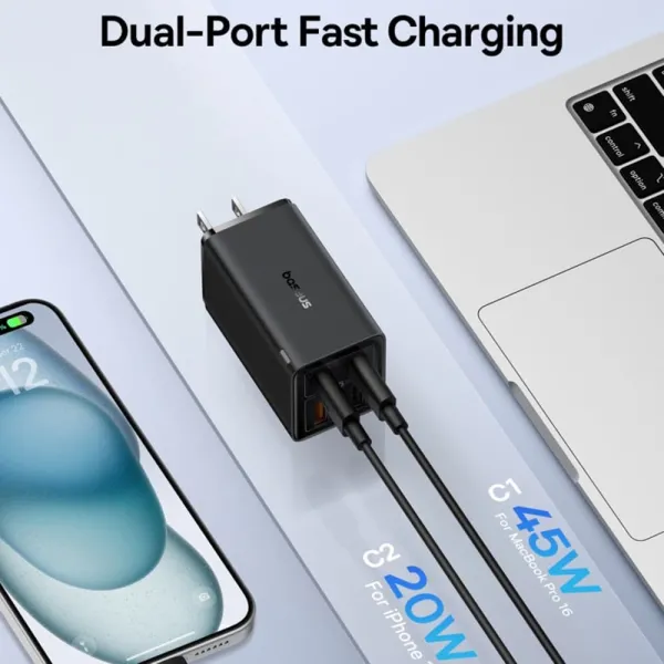 φορτιστής baseus wall fast charger simultaneous gan6 pro 2x usb, 2x type-c, 65w, cable type-c, 100w, 20v, 5a, 1m black - Baseus