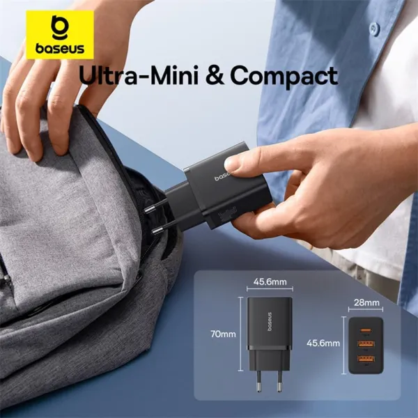 φορτιστής baseus με θύρα gan 2x usb, type-c fast charging 30w - black - Baseus