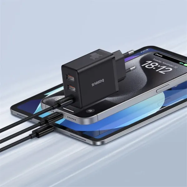 φορτιστής baseus με θύρα gan 2x usb, type-c fast charging 30w - black - Baseus