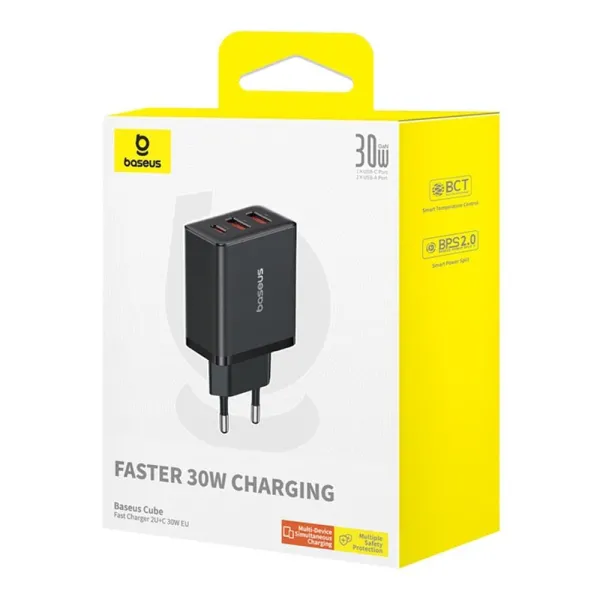 φορτιστής baseus με θύρα gan 2x usb, type-c fast charging 30w - black - Baseus