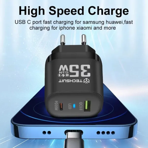 φορτιστής techsuit - premium wall charger gan, usb qc3.0, type-c pd35w - black - Techsuit