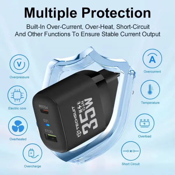φορτιστής techsuit - premium wall charger gan, usb qc3.0, type-c pd35w - black - Techsuit