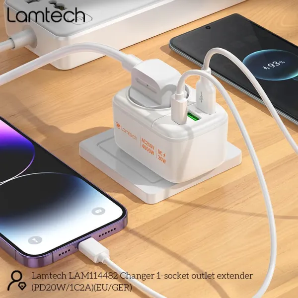 πρίζα - φορτιστής multifunctional surge protector wall socket 1xschuko 2xusb 1xtype-c pd20w - Lamtech