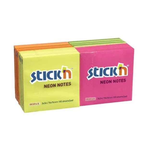 Αυτοκόλλητα χαρτάκια stick'n neon 76x76mm 100 φύλλα 12 τεμάχια - Stickn