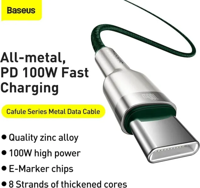Καλώδιο baseus data cable cafule series metal type-c to type-c super fast charge 100w 2m green - Baseus