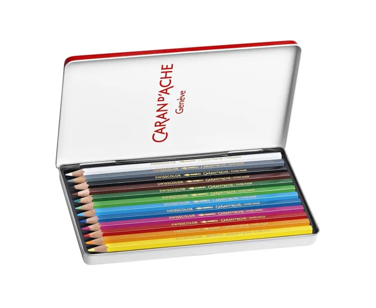 Ξυλομπογιές υδατοδιαλυτές caran d'ache swisscolor μεταλλικό κουτί 12 χρώματα - Caran d'ache